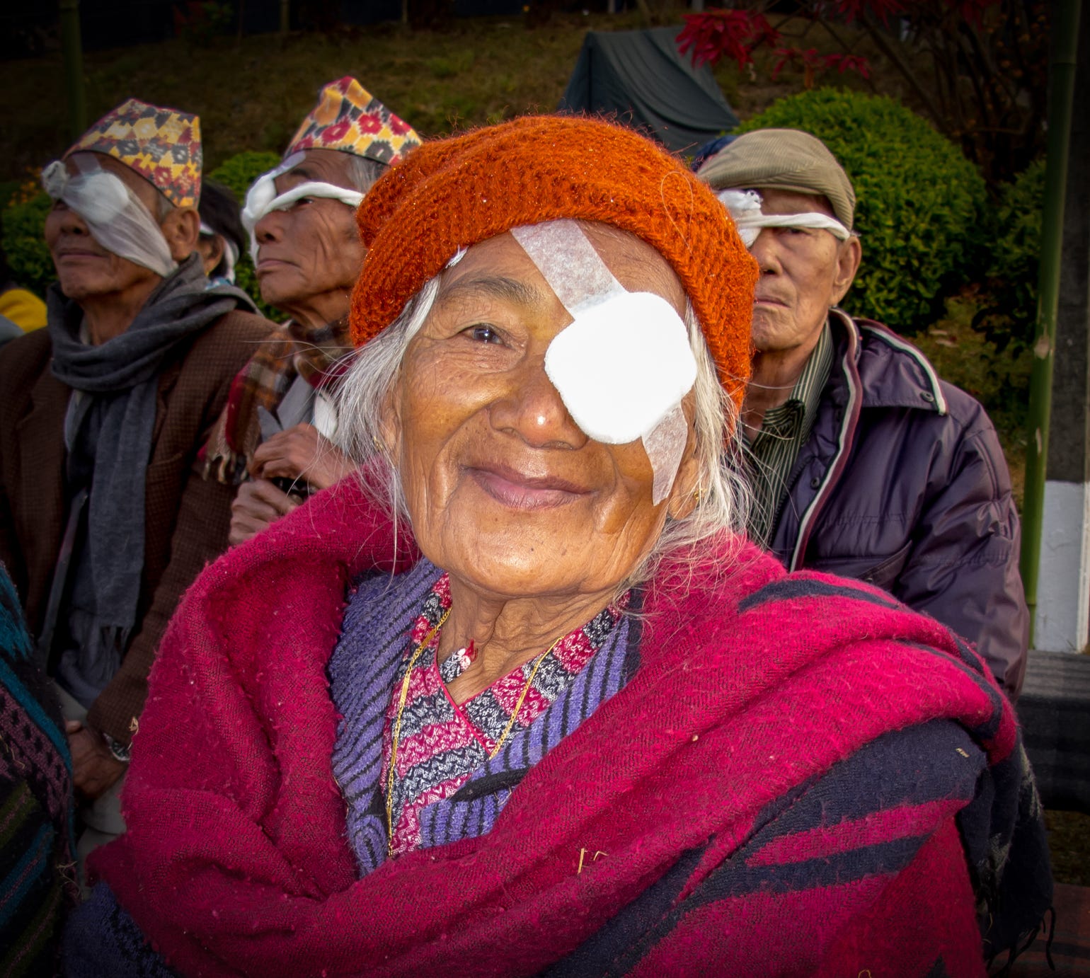 A patient after successful cataract surgery at an eye camp